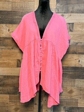 Free People Women's Pink Rose Oversize Short Sleeve Blouse Shirt Large TEP 118